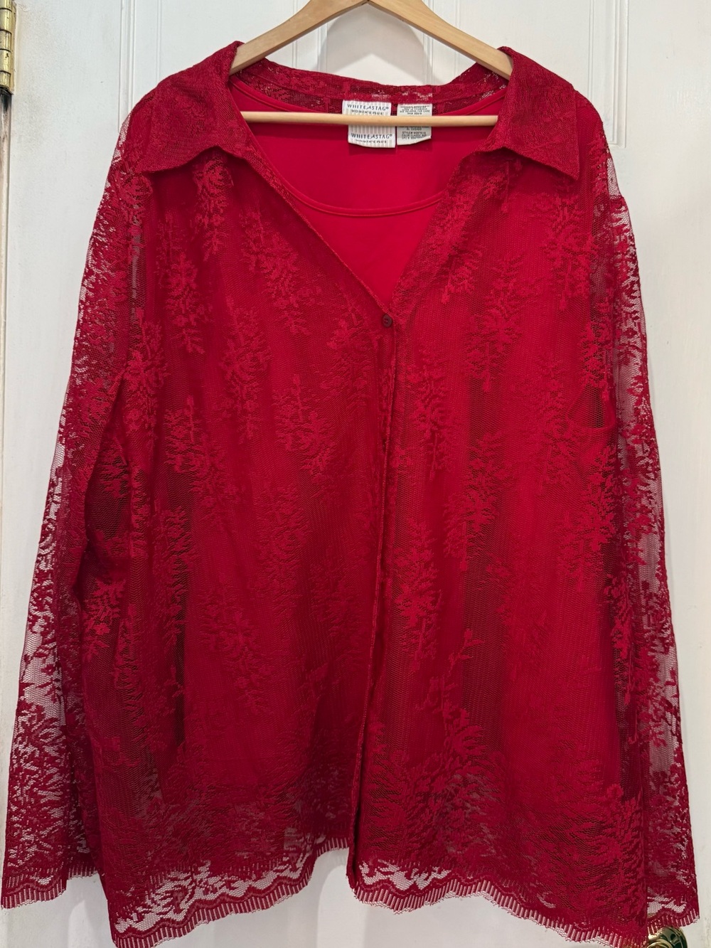 White Stag Women’s Plus Red Lace Button-Front Sheer Top with Attached Tank Top